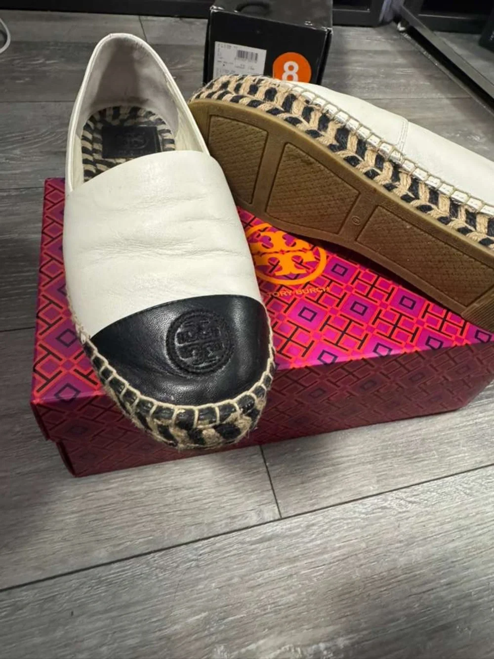 Tory Burch White Leather Espadrille Flats with Black Cap Toe